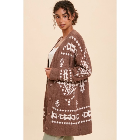 SOLD OUT Taupe Tribal Knit Soft Western Popcorn Textured Button Up Cardigan - Picture 5 of 6